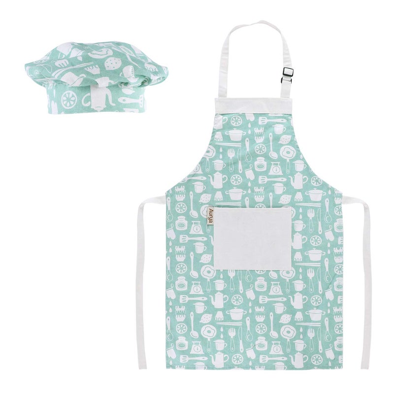 Aurya Kids Apron and Chef Hat Set-Adjustable Child Apron for Boys and Girls for Cooking Baking Tableware - Image 1